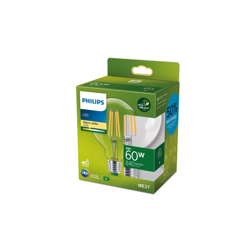 Bec LED VINTAGE ULTRAEFFICIENT Philips G95, soclu E27, 4W, 230V, 2700K