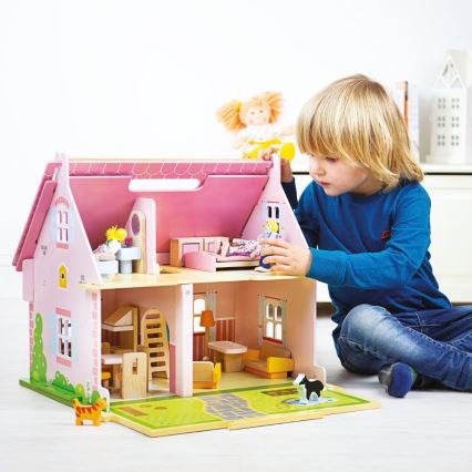 Bigjigs Toys - Casă de păpuși portabilă din lemn