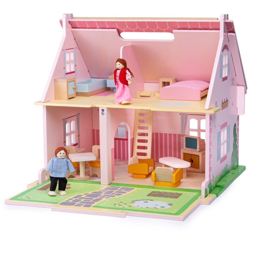 Bigjigs Toys - Casă de păpuși portabilă din lemn