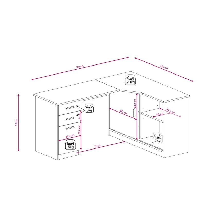 Birou ROBERTO cu poliță și sertare, versiune cu sertare pe partea dreaptă, stejar artisan/alb
