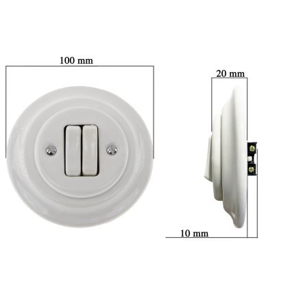 Bohemia-Design - Întrerupător dublu retro din porțelan cu ramă nr. 6+6, alb