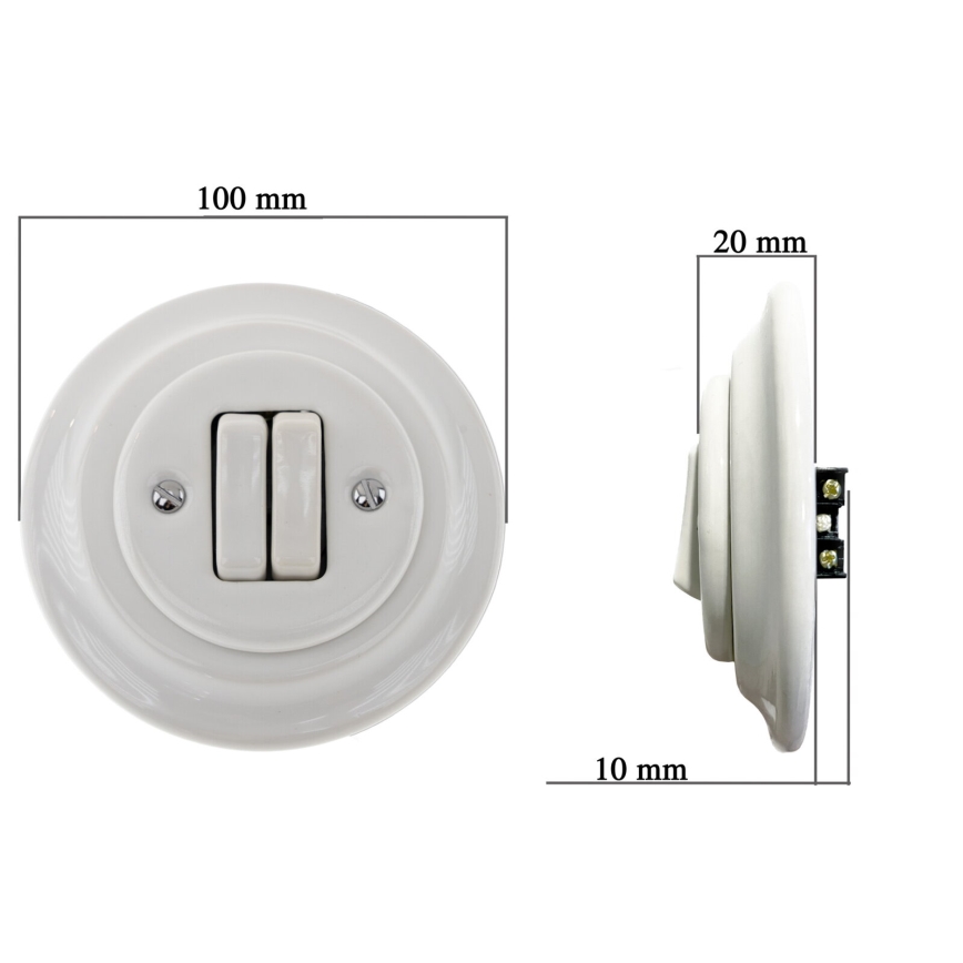 Bohemia-Design - Întrerupător dublu retro din porțelan cu ramă nr. 6+6, alb