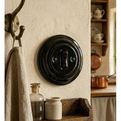 Bohemia-Design - Întrerupător retro din porțelan, simplu, cu ramă, pentru sonerie, negru