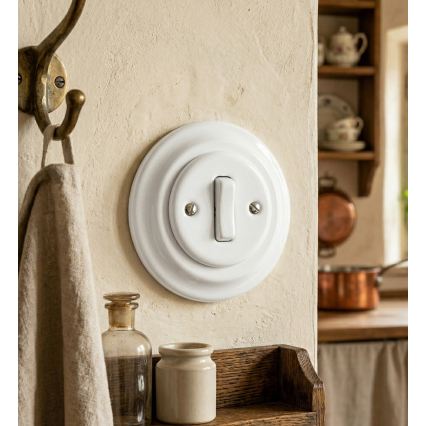 Bohemia-Design - Întrerupător retro simplu din porțelan cu ramă nr. 1, alb