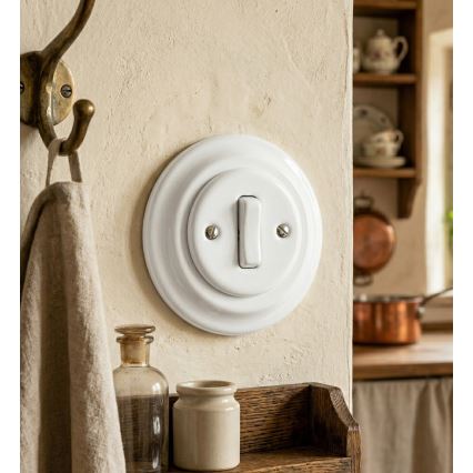 Bohemia-Design - Întrerupător retro simplu din porțelan cu ramă, pentru sonerie, alb