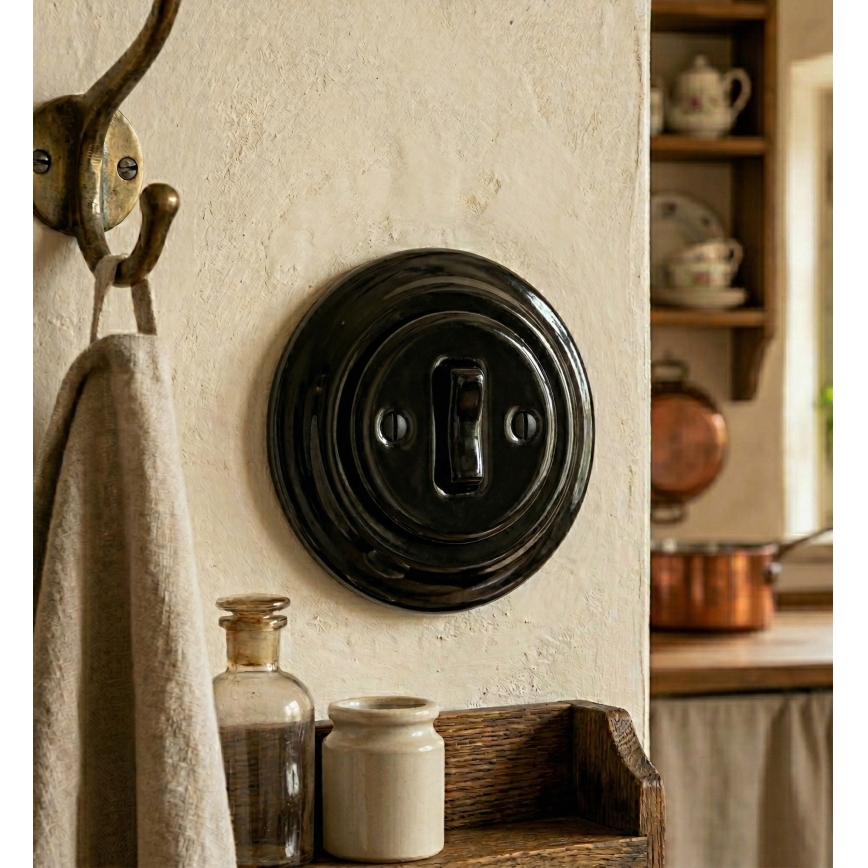 Bohemia-Design - Întrerupător simplu retro din porțelan, cu ramă nr. 1, negru