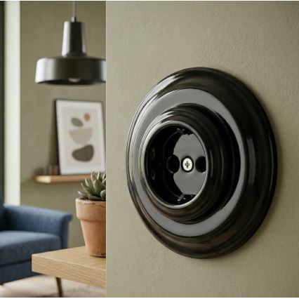 Bohemia-Design - Priză de perete retro din porțelan cu ramă SCHUKO 250V/16A, neagră