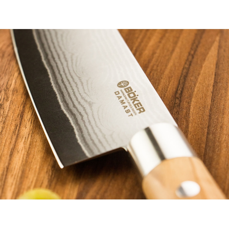 Böker - Cuțit de bucătărie santoku din oțel damasc DAMAST OLIVE 17,2 cm lemn de măslin
