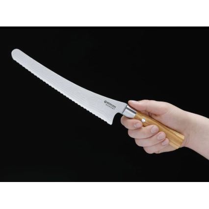 Böker - Cuțit de pâine din oțel damasc DAMAST OLIVE, 23,5 cm, mâner din lemn de măslin