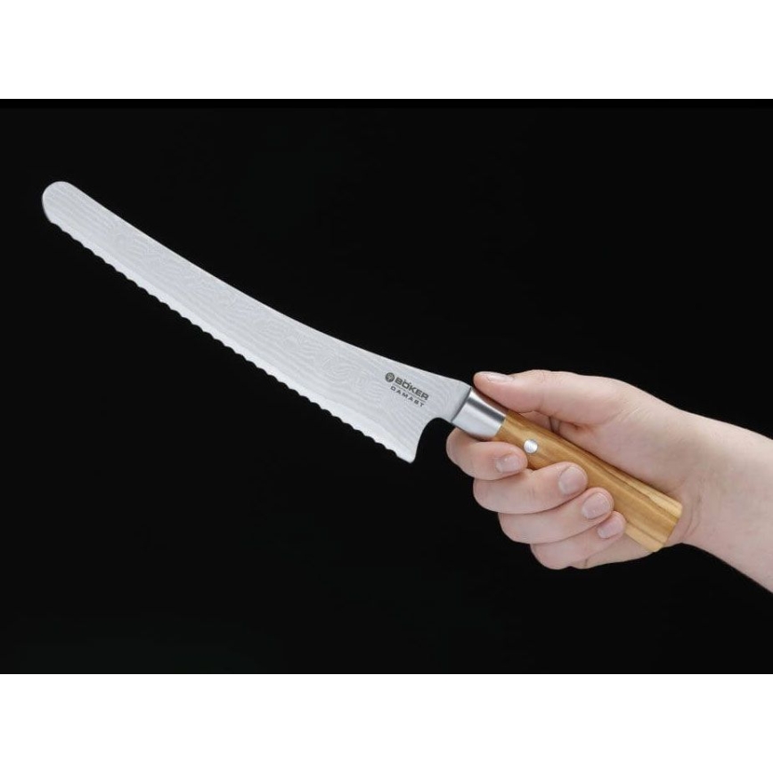 Böker - Cuțit de pâine din oțel damasc DAMAST OLIVE, 23,5 cm, mâner din lemn de măslin