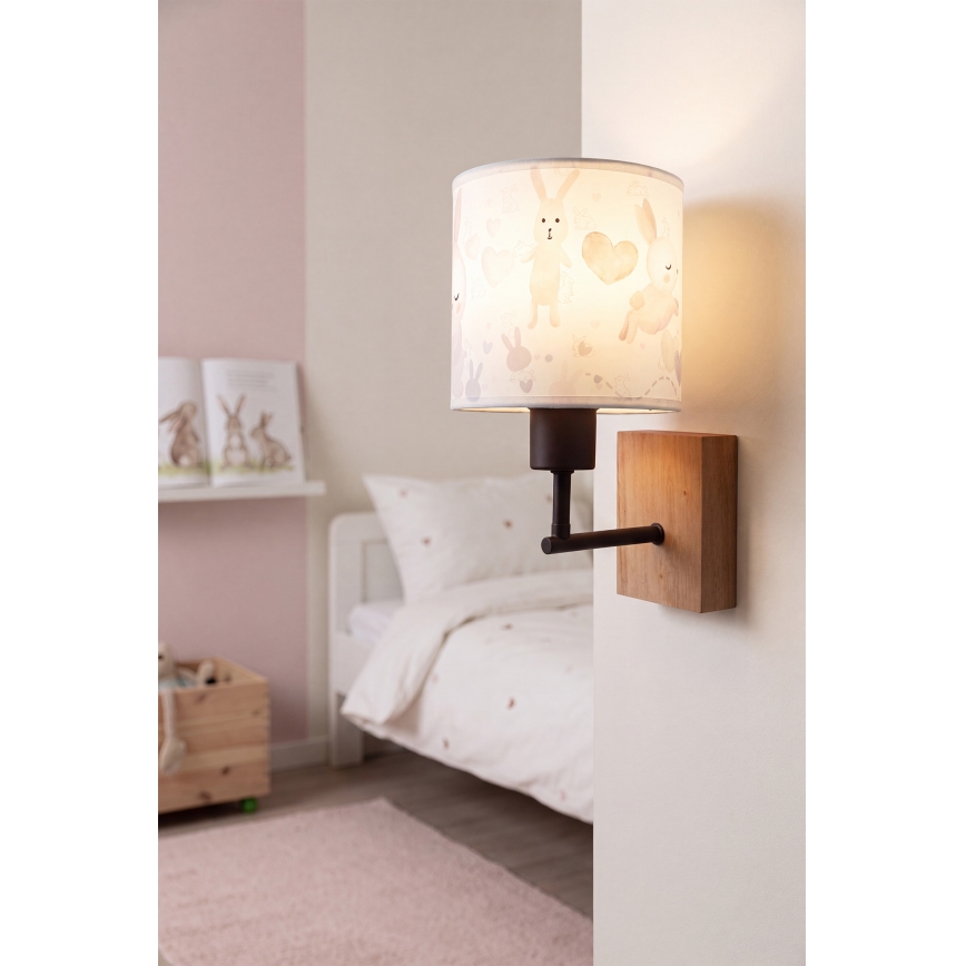 Brilagi - Lampă de perete pentru copii BOBO WOOD 1xE27/25W/230V stejar/negru/alb/iepurași