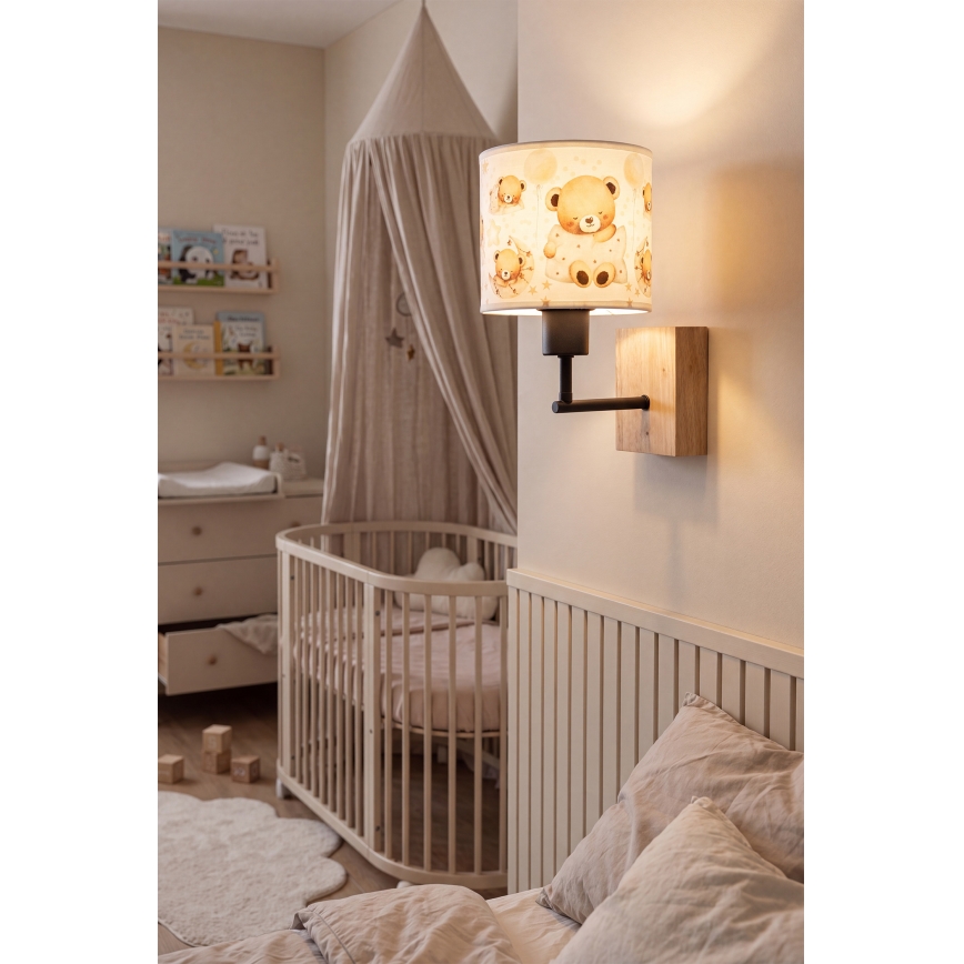 Brilagi - Lampă de perete pentru copii BOBO WOOD 1xE27/25W/230V stejar/negru/alb/ursuleți