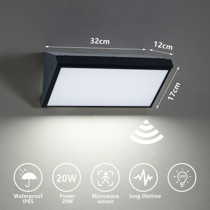 Brilagi TRIANGLE - Aplică LED de perete pentru exterior cu senzor, 20W, 230V, negru, IP65