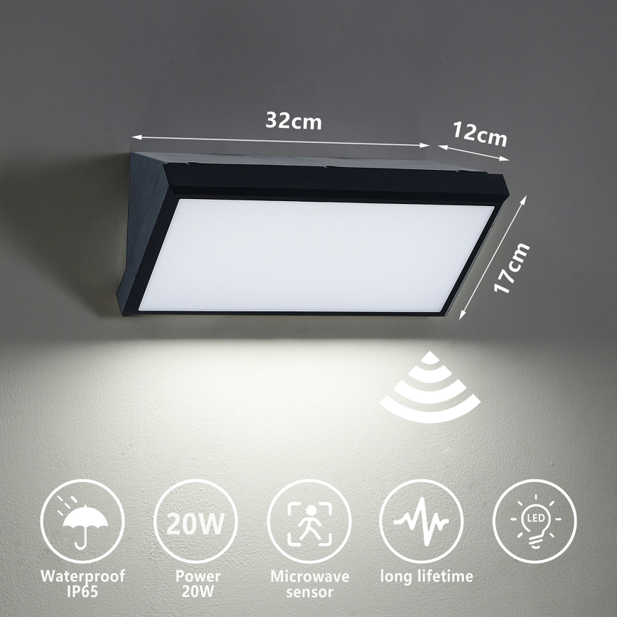 Brilagi TRIANGLE - Aplică LED de perete pentru exterior cu senzor, 20W, 230V, negru, IP65