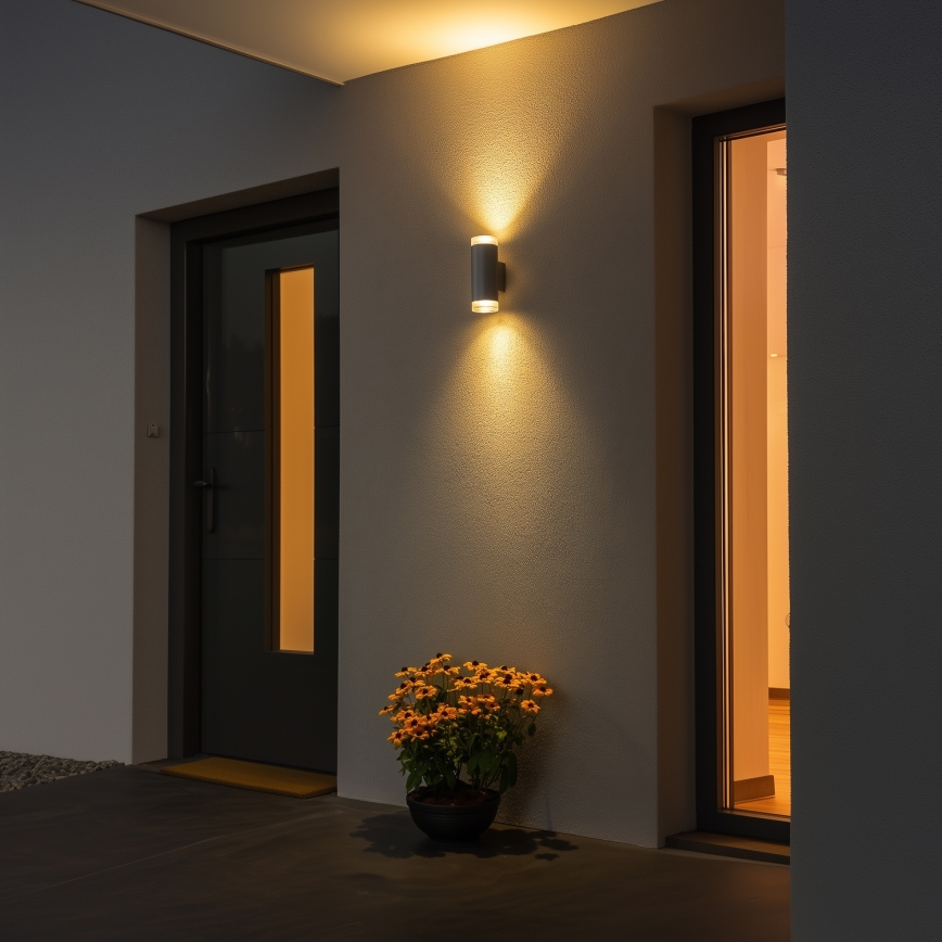 Brilagi - Aplică de perete LED RGBW reglabilă pentru exterior MATERA, 2x GU10, 4,8W, 230V, 3000K, IP54, gri + telecomandă