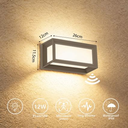 Brilagi - Aplica LED de exterior cu senzor PARKER LED/12W/230V gri IP44