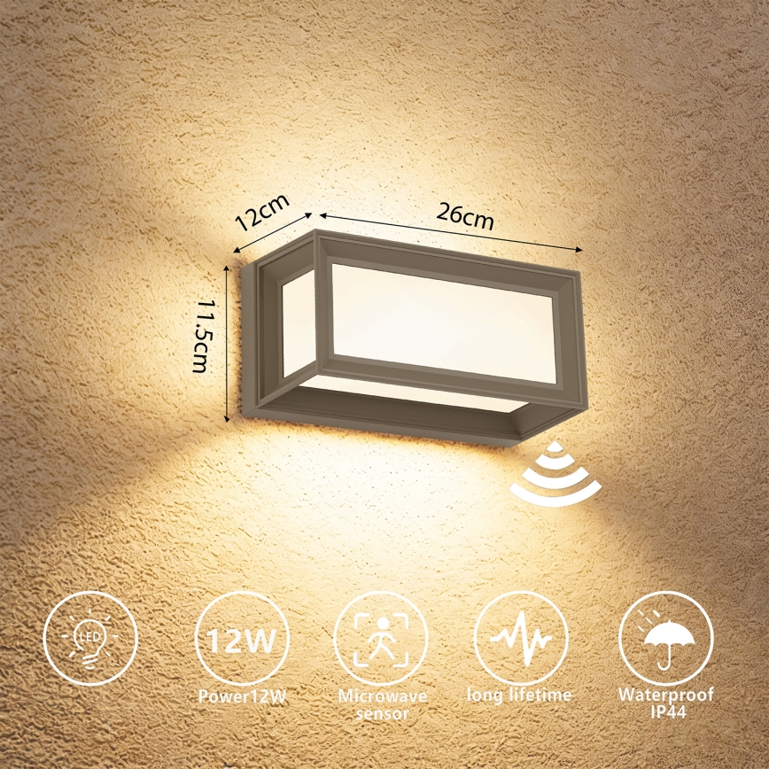 Brilagi - Aplica LED de exterior cu senzor PARKER LED/12W/230V gri IP44