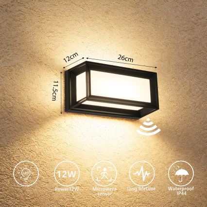Brilagi - Aplica LED de exterior cu senzor PARKER LED/12W/230V negru IP44