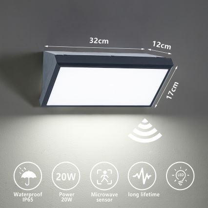 Brilagi - Aplică de exterior LED cu senzor TRIANGLE LED/20W/230V antracit IP65