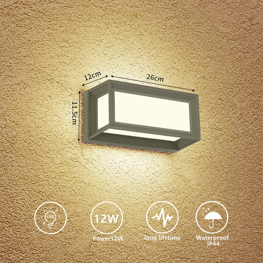 Brilagi - Aplică LED de exterior PARKER, 12W, 230V, 3000/4500/6000K, gri, IP44