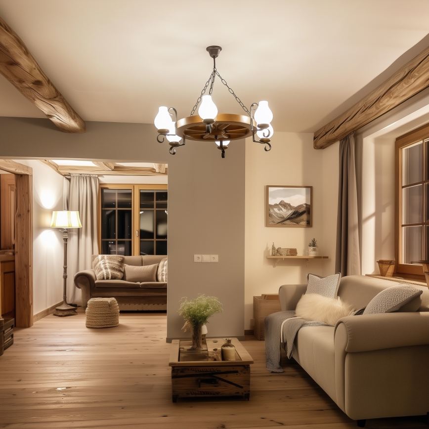 Brilagi - Candelabru cu lanț ROATA, 6 x E14/40W/230V, Ø 70 cm, fag/nuc