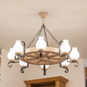 Brilagi - Candelabru cu lanț ROATA, 8xE14/40W/230V, stejar