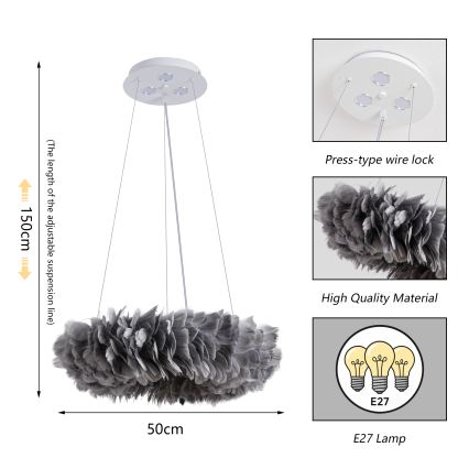 Brilagi - Candelabru LED suspendat pe cablu FEATHER 3xE27/40W/230V + 3xLED/3W Ø 50 cm, gri