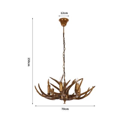 Brilagi - Candelabru suspendat cu lanț DEER, 6xE14/10W/230V, Ø 70 cm, cu coarne