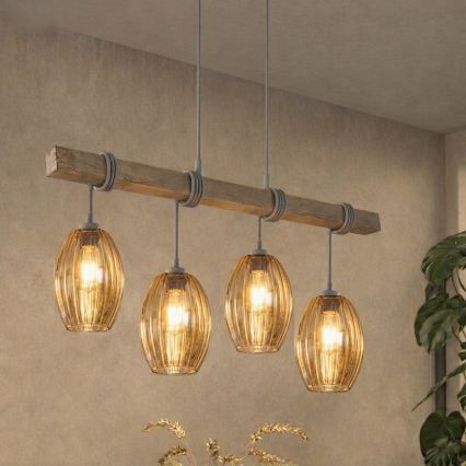 BRILAGI - Lustră suspendată pe cablu WOOD GLASS 4xE27/60W/230V pin/gri/maro fumuriu