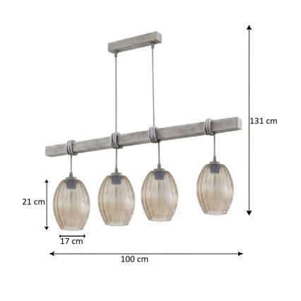 BRILAGI - Lustră suspendată pe cablu WOOD GLASS 4xE27/60W/230V pin/gri/maro fumuriu
