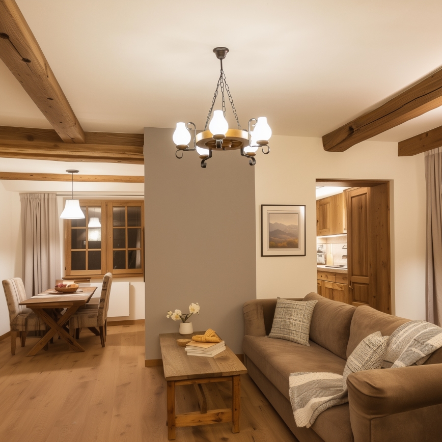 Brilagi - Candelabru suspendat pe lanț ROATA, 5 x E14 (max. 40 W), 230 V, Ø 50 cm, fag/nuc