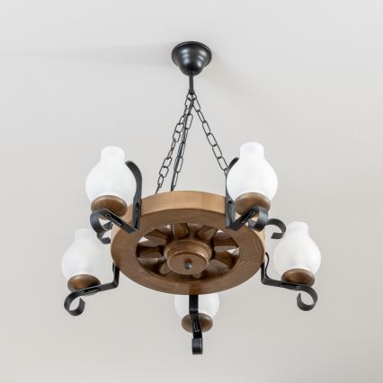 Brilagi - Candelabru suspendat pe lanț ROATA, 5 x E14 (max. 40 W), 230 V, Ø 50 cm, fag/nuc