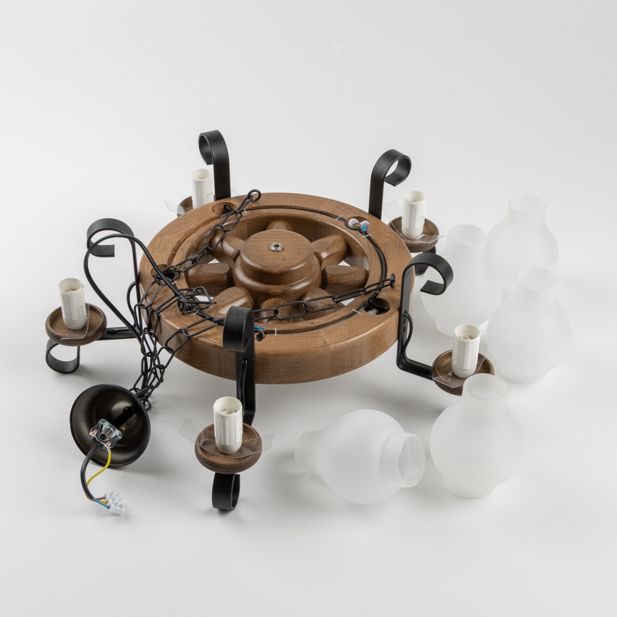 Brilagi - Candelabru suspendat pe lanț ROATA, 5 x E14 (max. 40 W), 230 V, Ø 50 cm, fag/nuc