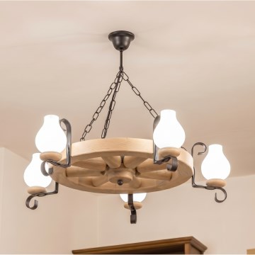 Brilagi - Candelabru suspendat pe lanț ROATA, 5xE14/40W/230V, stejar