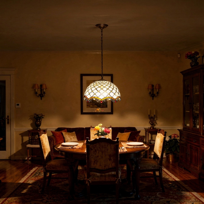 Brilagi - Candelabru Tiffany din vitralii, cu lanț, culoare ivoriu, 1xE27/60W/230V, Ø 40 cm