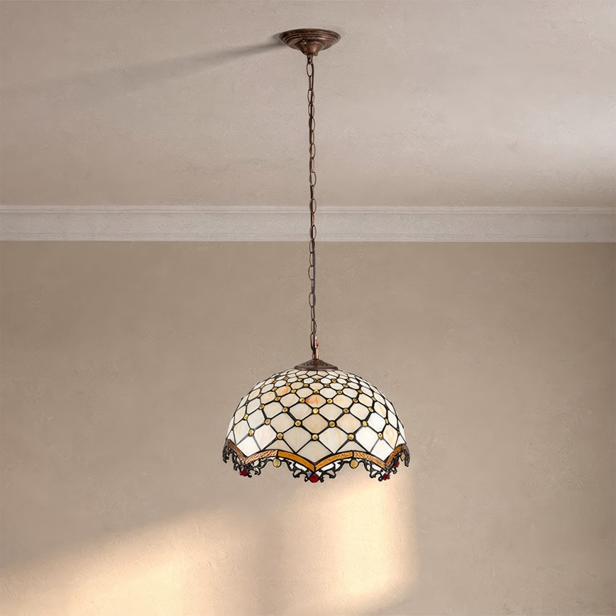 Brilagi - Candelabru Tiffany din vitralii, cu lanț, culoare ivoriu, 1xE27/60W/230V, Ø 40 cm