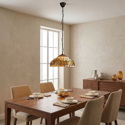 Brilagi - Candelabru Tiffany LUISA cu vitralii, suspendat pe lanț, 2xE27/60W/230V
