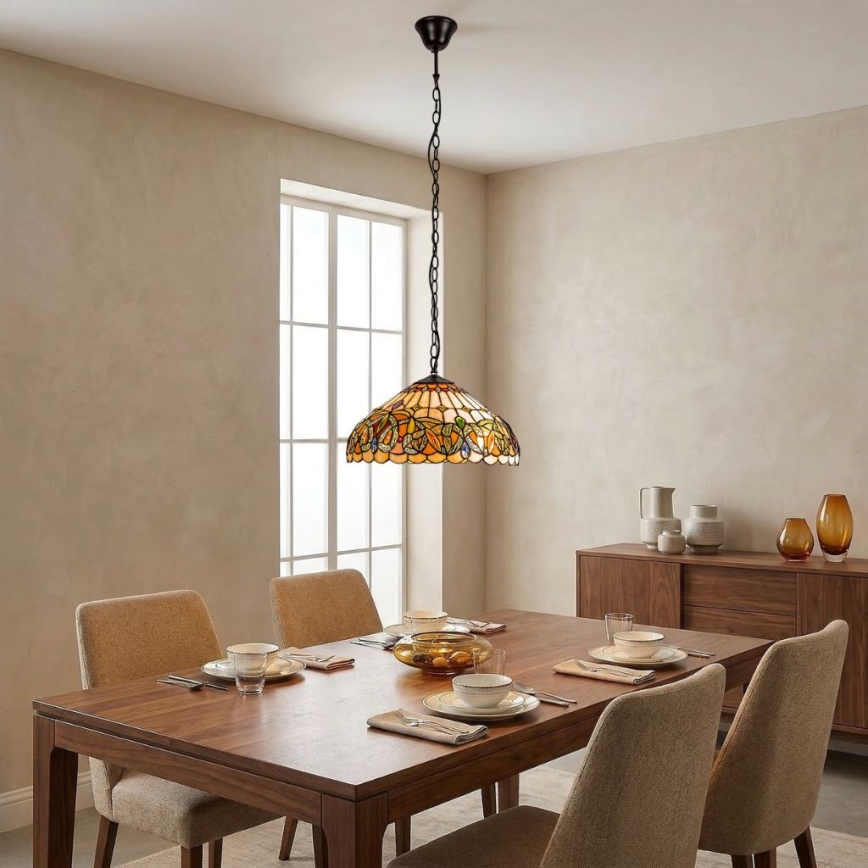 Brilagi - Candelabru Tiffany LUISA cu vitralii, suspendat pe lanț, 2xE27/60W/230V