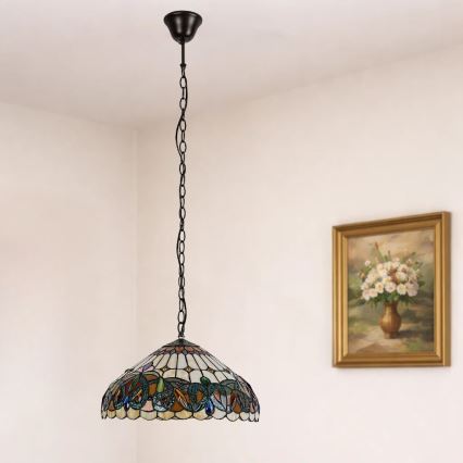 Brilagi - Candelabru Tiffany LUISA cu vitralii, suspendat pe lanț, 2xE27/60W/230V
