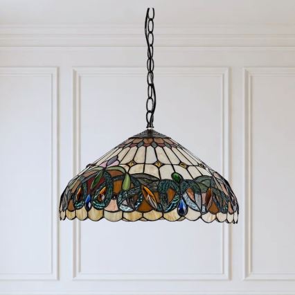 Brilagi - Candelabru Tiffany LUISA cu vitralii, suspendat pe lanț, 2xE27/60W/230V