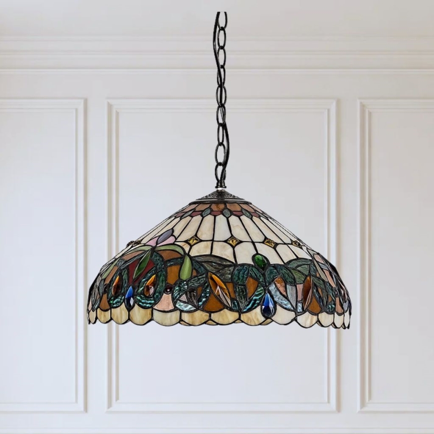 Brilagi - Candelabru Tiffany LUISA cu vitralii, suspendat pe lanț, 2xE27/60W/230V