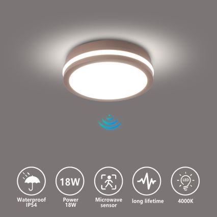 Brilagi - Plafonieră LED de exterior BENE cu senzor, 18W/230V, Ø 21,5 cm, maro, IP54