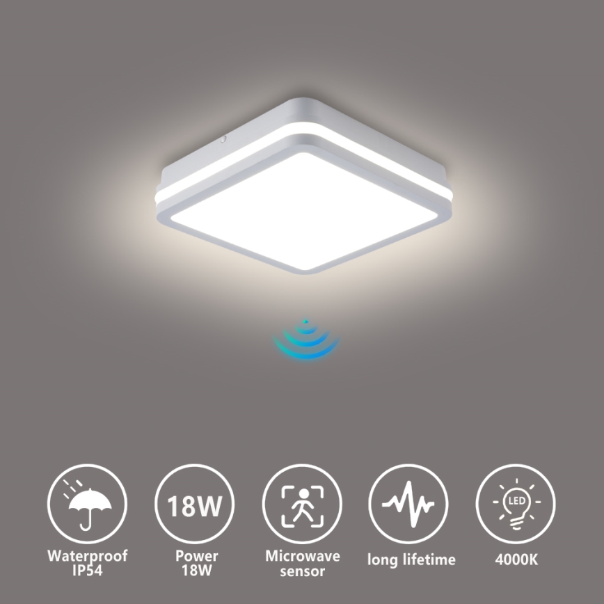 Brilagi - Corp de iluminat LED de exterior cu senzor BENE, 18 W, 230 V, 22 x 22 cm, alb, IP54