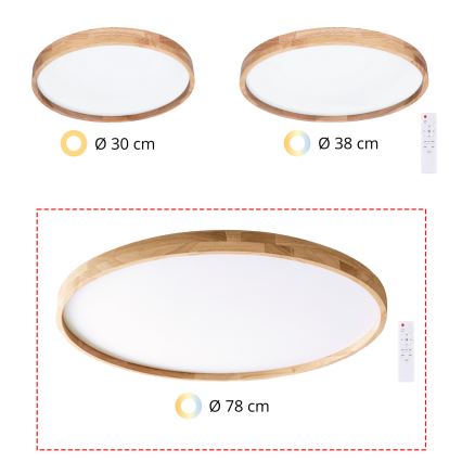 Brilagi - Plafonieră LED dimabilă ALSON, 72 W, 230 V, 3000–6500 K, stejar, Ø 78 cm + telecomandă