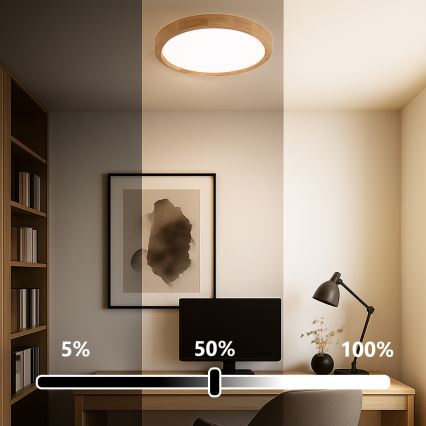 Brilagi WOODROUND Plafonieră LED dimabilă, 30W/230V, 3000-6000K, Ø 40 cm, lemn, CRI 90 + telecomandă
