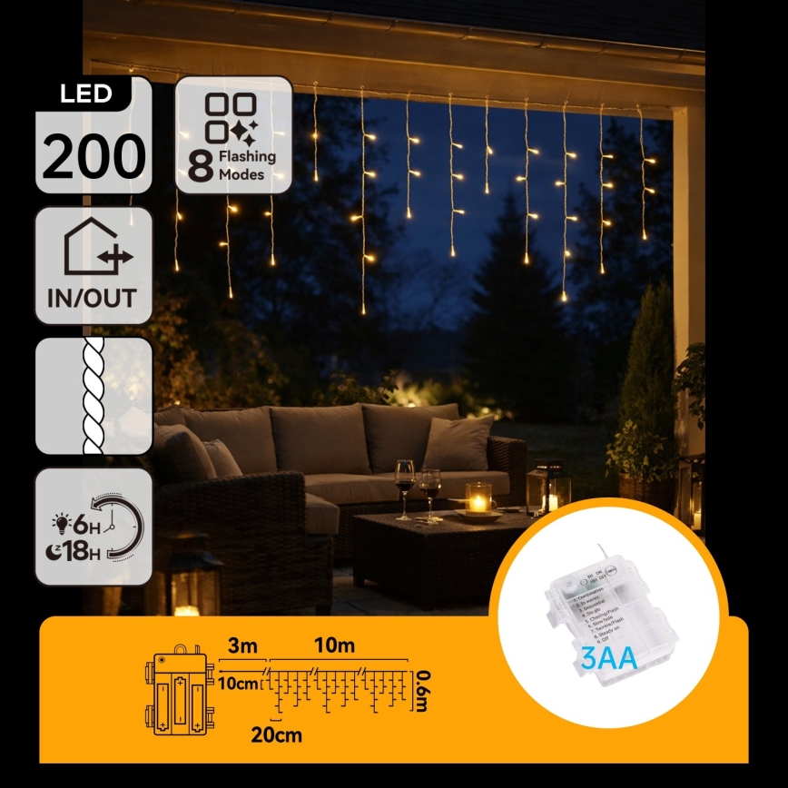 BRILAGI - Ghirlandă LED de exterior pentru Crăciun 200xLED/3xAA/8 funcții 13x0,6m IP44 alb cald