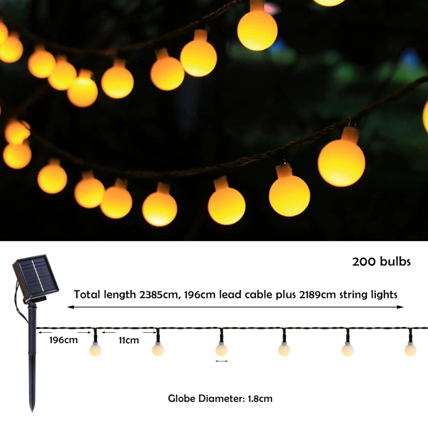 Brilagi - Ghirlandă decorativă solară cu LED BUBBLE, 200 LED, 8 moduri, 20 m, IP65, alb cald, 800 mAh