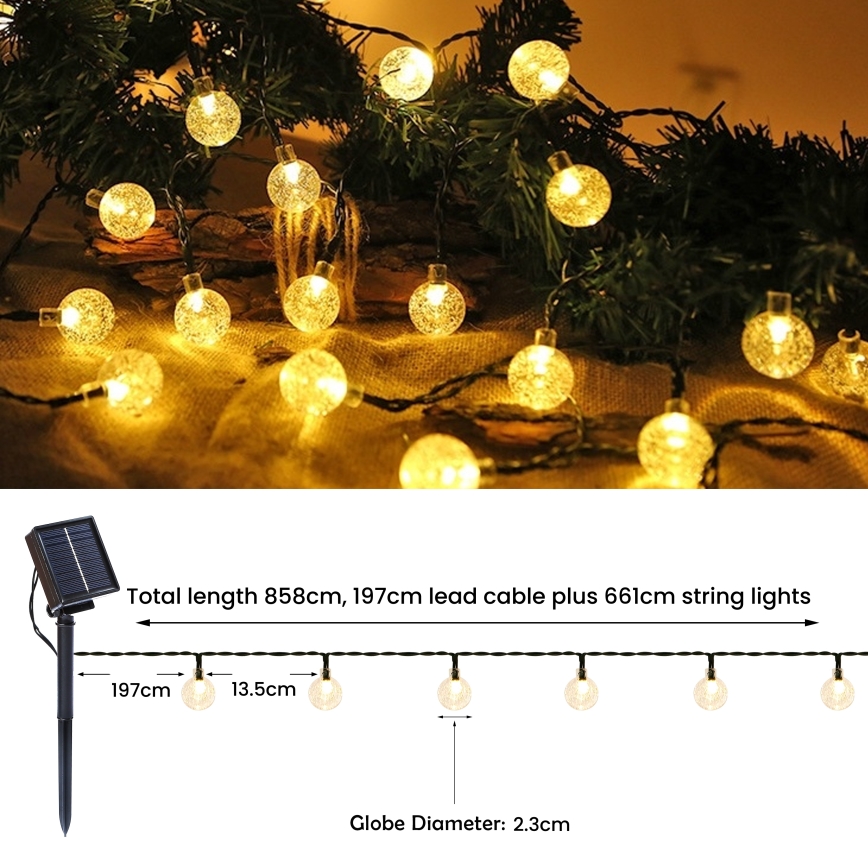 Brilagi - Ghirlandă solară decorativă BUBBLE, 50 LED, 8 funcții, 7 m, IP65, alb cald, 600 mAh