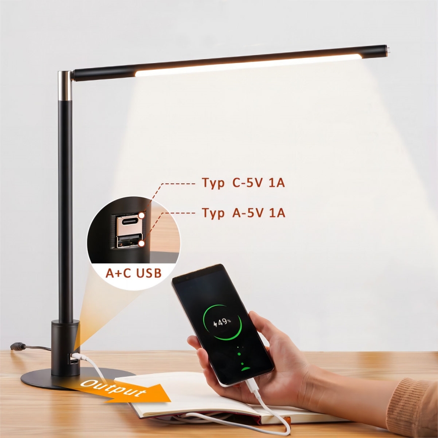 Brilagi - VARIO lampă de masă LED tactilă, dimabilă, cu porturi USB, LED/7W/230V 3000-6500K CRI 96, neagră
