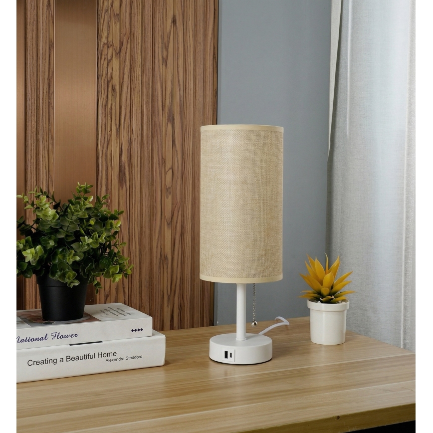 Brilagi - Lampă de birou TABLON cu port USB, 1xE27/25W/230V, alb/bej